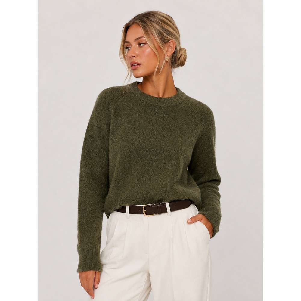 Zara Olive Green Wool Blend Fuzzy Knit Crew Neck Pullover Sweater L